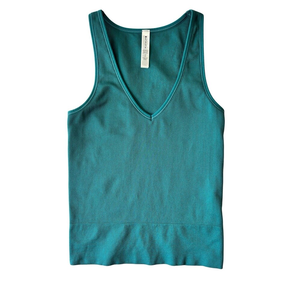 Athleta Aurora Seamless Crop Rib Tank Sz S Teal V Neck Yoga Athletic Top Stretch